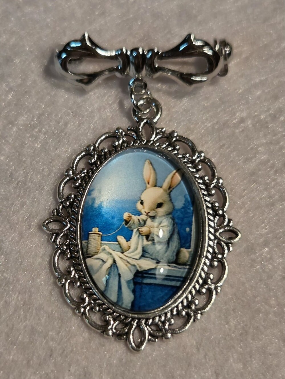 New Sweet Silvertone Blue Bunny Pendant Brooch / Pin